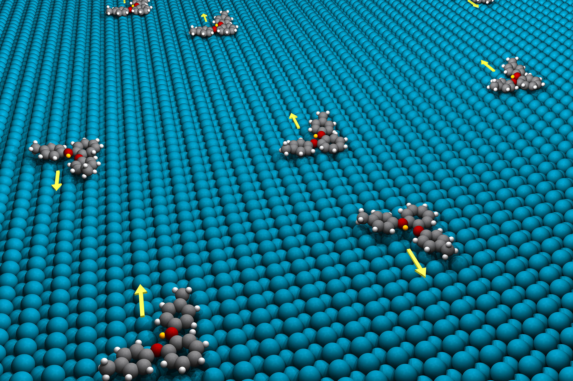 Grafik von molekularen Motoren, die sich auf einer Nano-Oberfläche in eine vorgeschriebene Richtung bewegen 