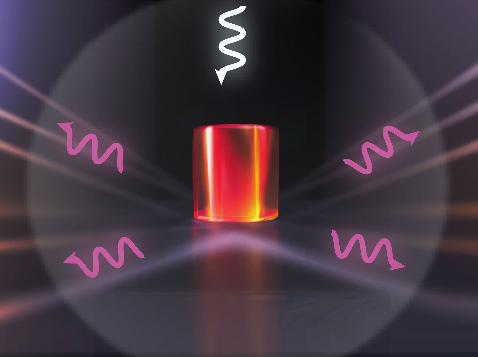Ein Silizium-Nanopartikel (roter Zylinder) wird mit Laserlicht beleuchtet (lila Pfeil). Infolge der Superstreuung lenkt das Nanopartikel einen großen Teil des einfallenden Laserlichts in mehrere Richtungen um (weiße Pfeile). ©Adrià Canós Valero