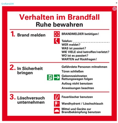 Verhalten im Brandfall: Brand melden, in Sicherheit bringen, Löschversuch unternehmen 