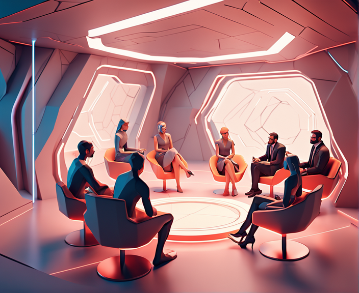 mehrere Männer und Frauen sitzen auf Stühlen in einem futuristischen Seminarraum ©KI-generiert