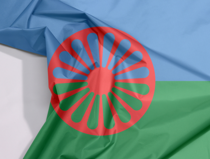 Flagge der Roma und Sinti -Blaugrüne Flagge in dessen Mitte ein rotes Rad dargestellt ist. ©Canva