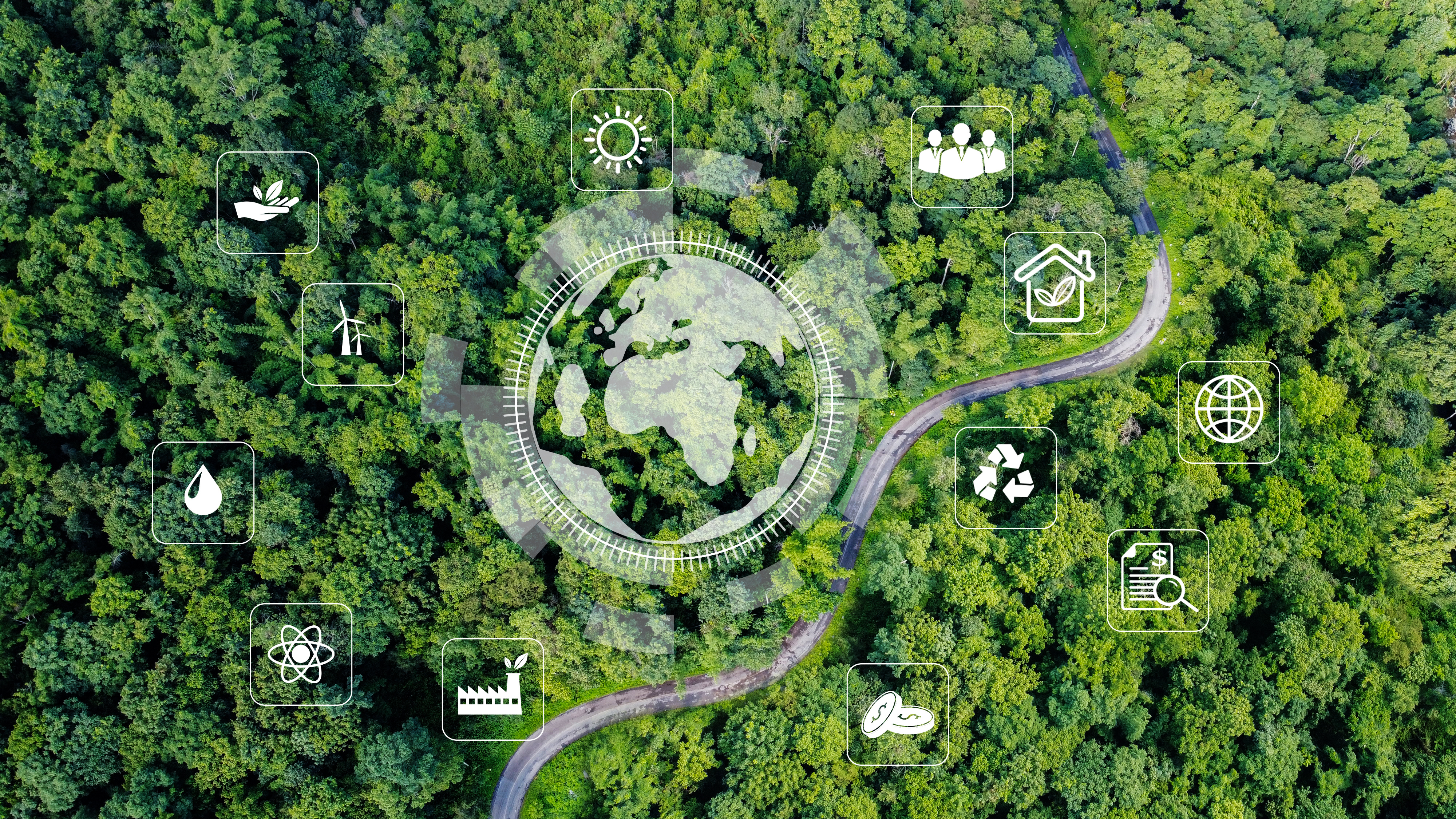 View from above of a forest with symbols symbolising environmental technology and sustainable ESG ©By Kalawin; stock.adobe.com