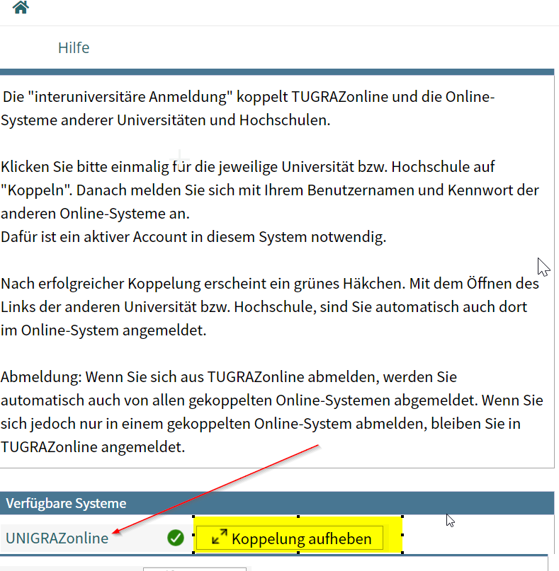 übersicht gekoppelte systems,und der eintrag unigrazonline ist markiert