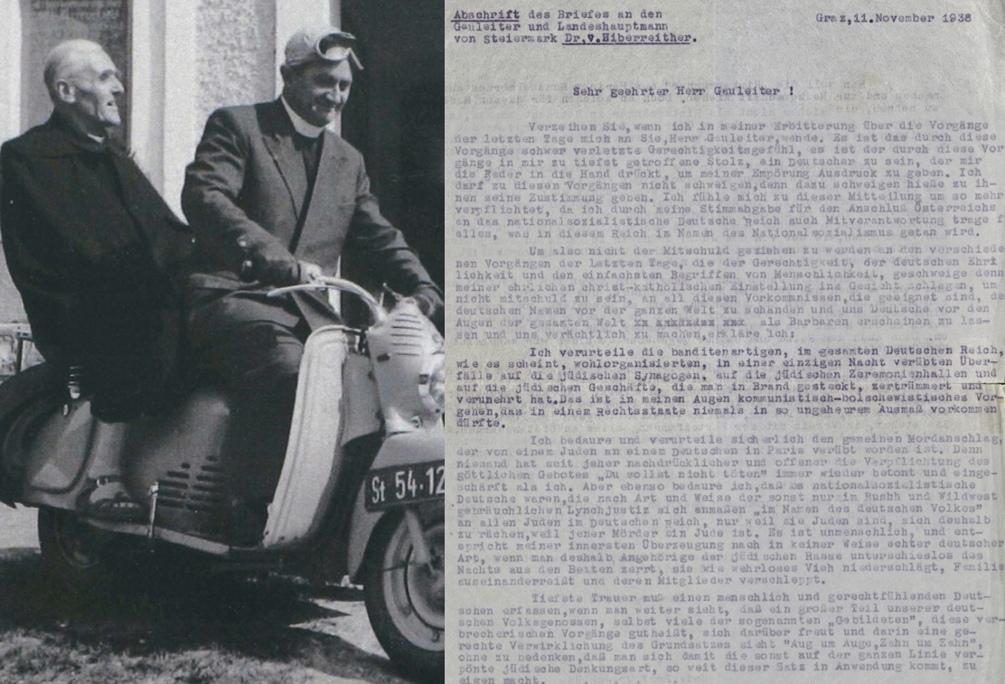Johannes Ude auf dem Motorroller mit Pfarrer Feiner und ein Auszug aus seinem Protestbrief 