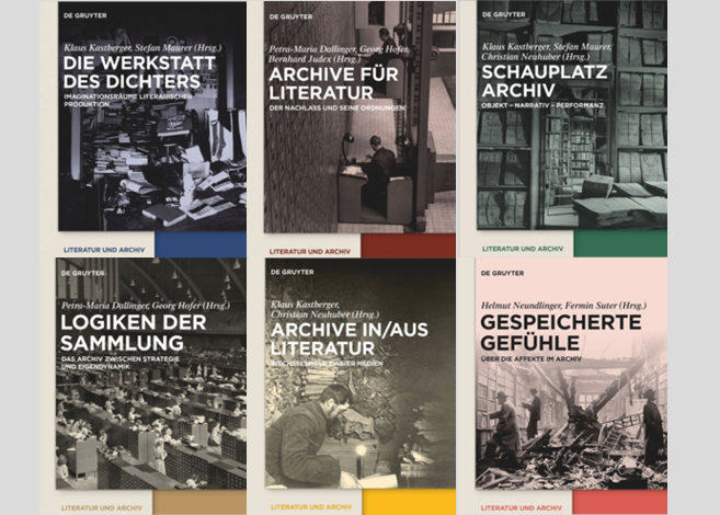 Cover der ersten sechs Bände der Reihe "Literatur und Archiv" ©de Gruyter Berlin
