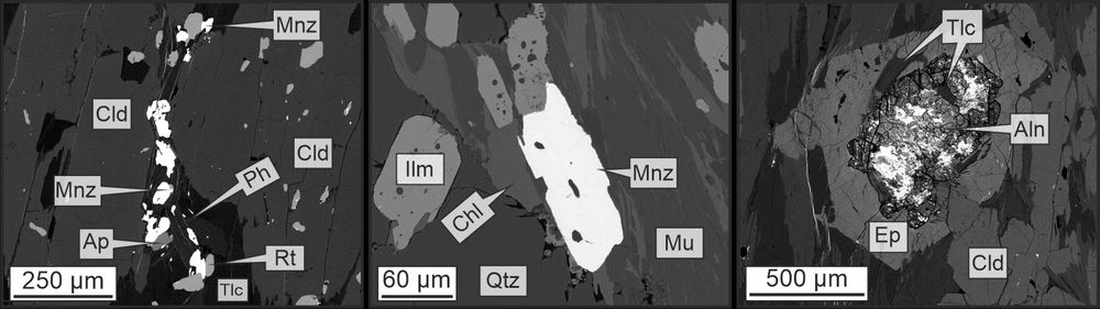 BSE images of monazite and allanite in the matrix ©Daniel Brunner / Universität Graz