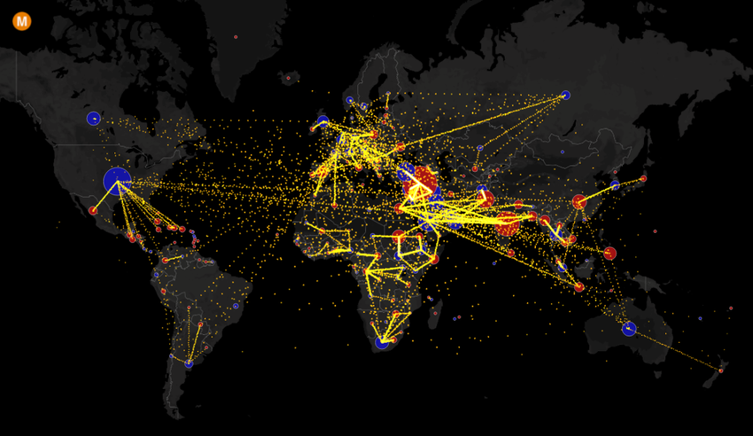 a map of global migration showing the directional movements between nation-states. ©Metrocosm 