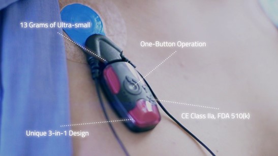 eMotion Faros180 with adhesive electrode on human torso ©eMotion Faros