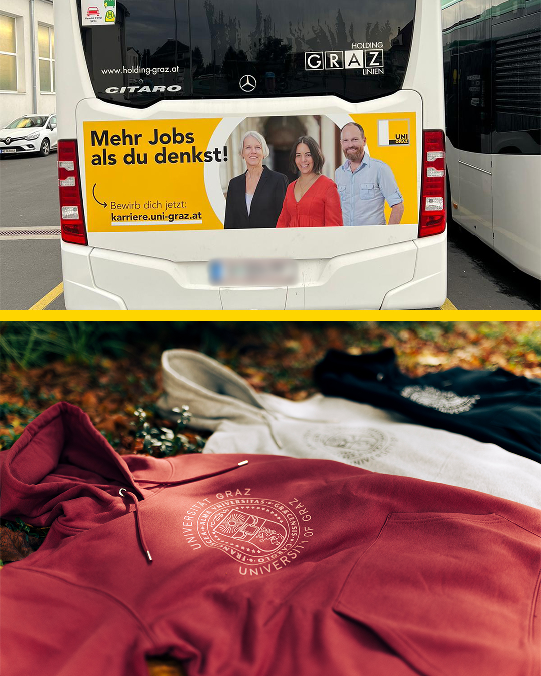 Fotomontage aus zwei Bildern. Oben ein Bus der Stadt Graz mit einer Plakatwerbung der Uni Graz, unten drei Pullover der Uni graz in rot, weiß und schwarz ©Uni Graz/Angele