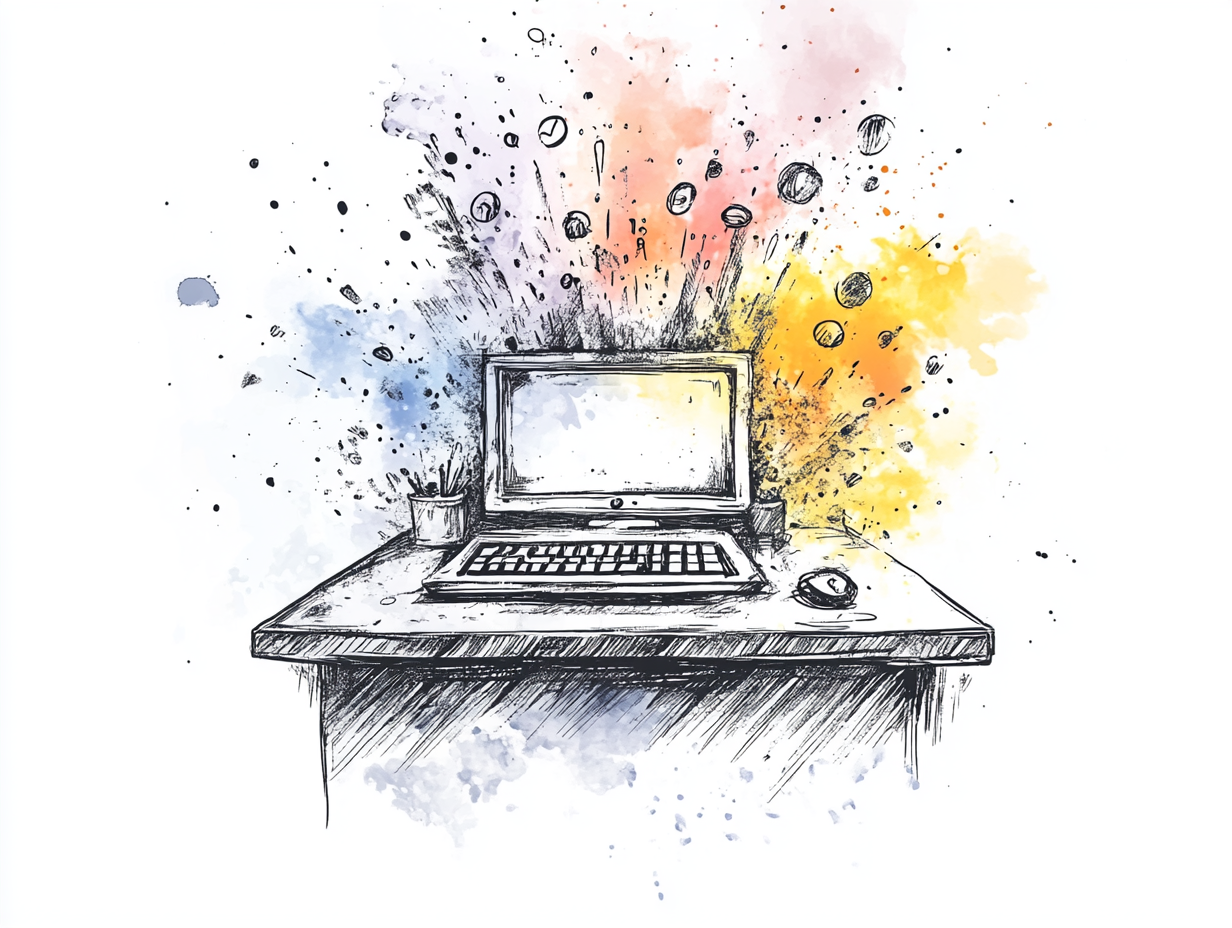 Stift und Aquarell Zeichnung vom Computer am Tisch 