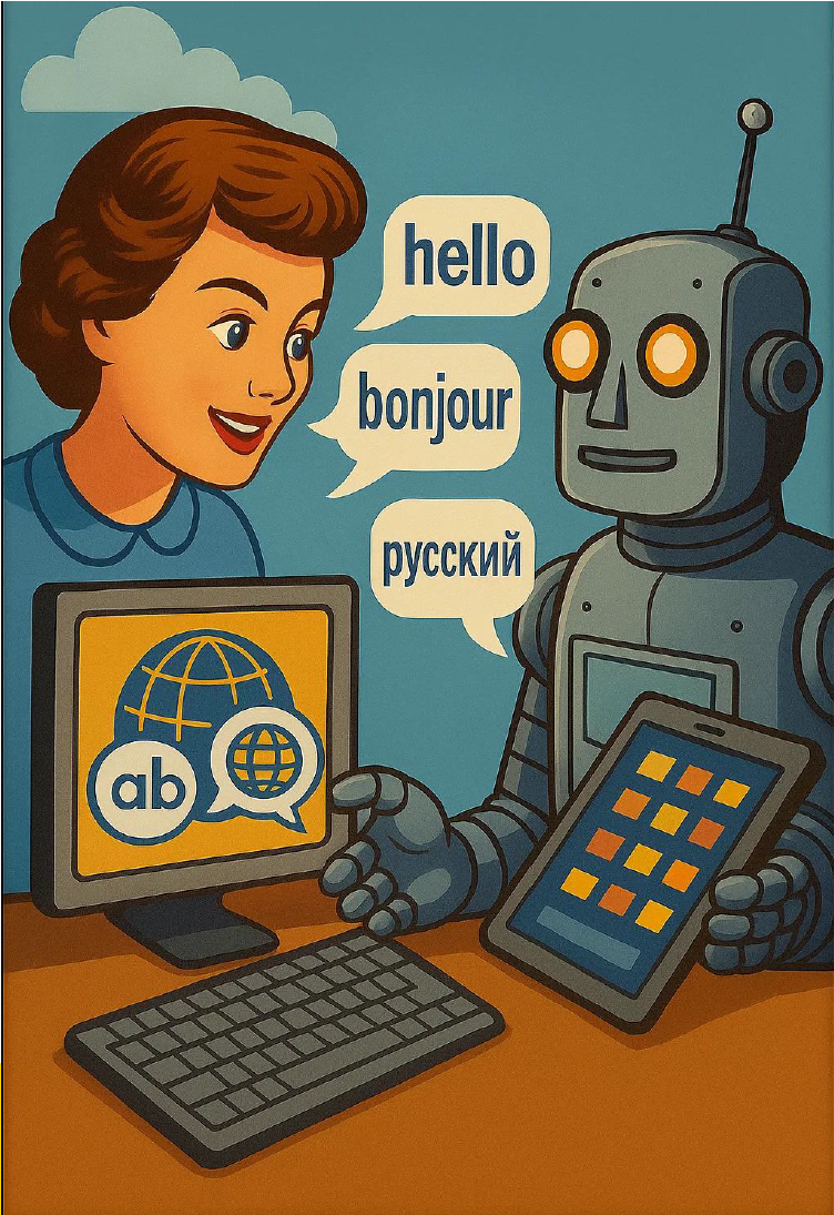 Retro-style Bild von einem Roboter, einem PC und einer Frau, die sich mehrsprachig unterhalten (Sprechblasen) 