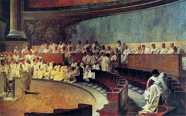 altes Bild mit vielen Menschen Cicero deckt Catilinas Pläne auf. ©https://www.worldhistory.org/image/4532/cicero-denounces-catiline/ [23.7.2025]
