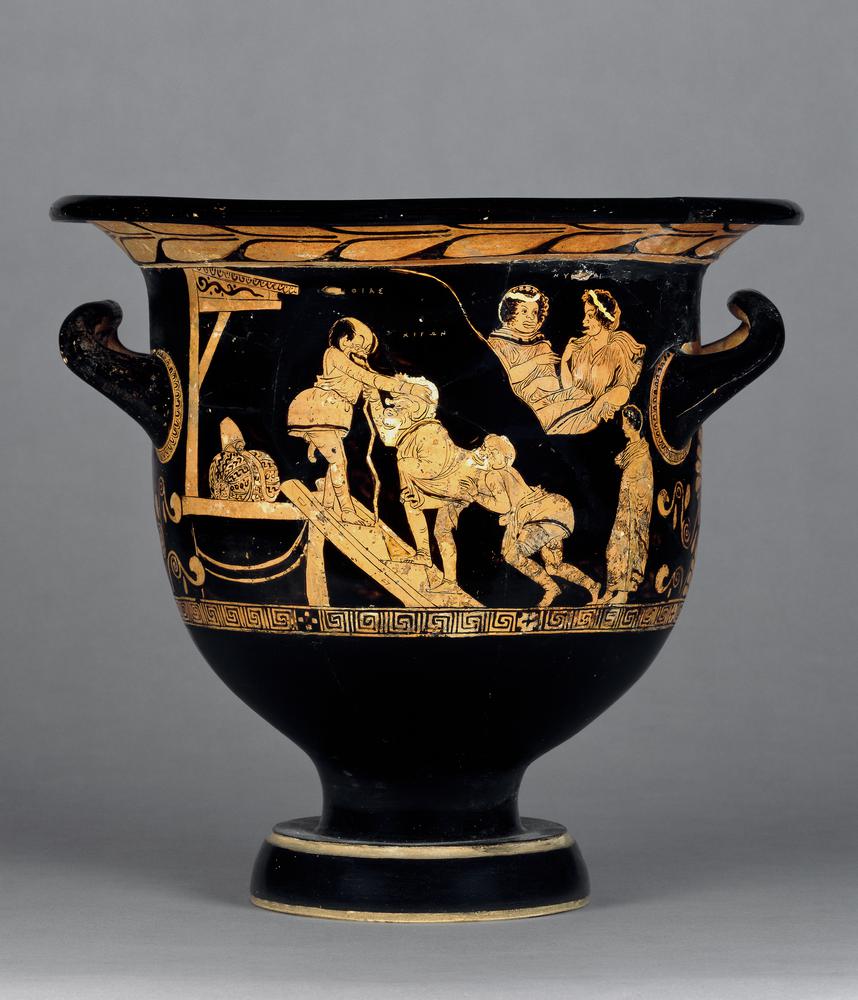 Apulischer Glockenkrater einer Szene einer (verlorenen) Komödie ©Bildquelle: © bell krater, Museum number 1849,0620.13. [URL: https://media.britishmuseum.org/media/Repository/Documents/2014_10/