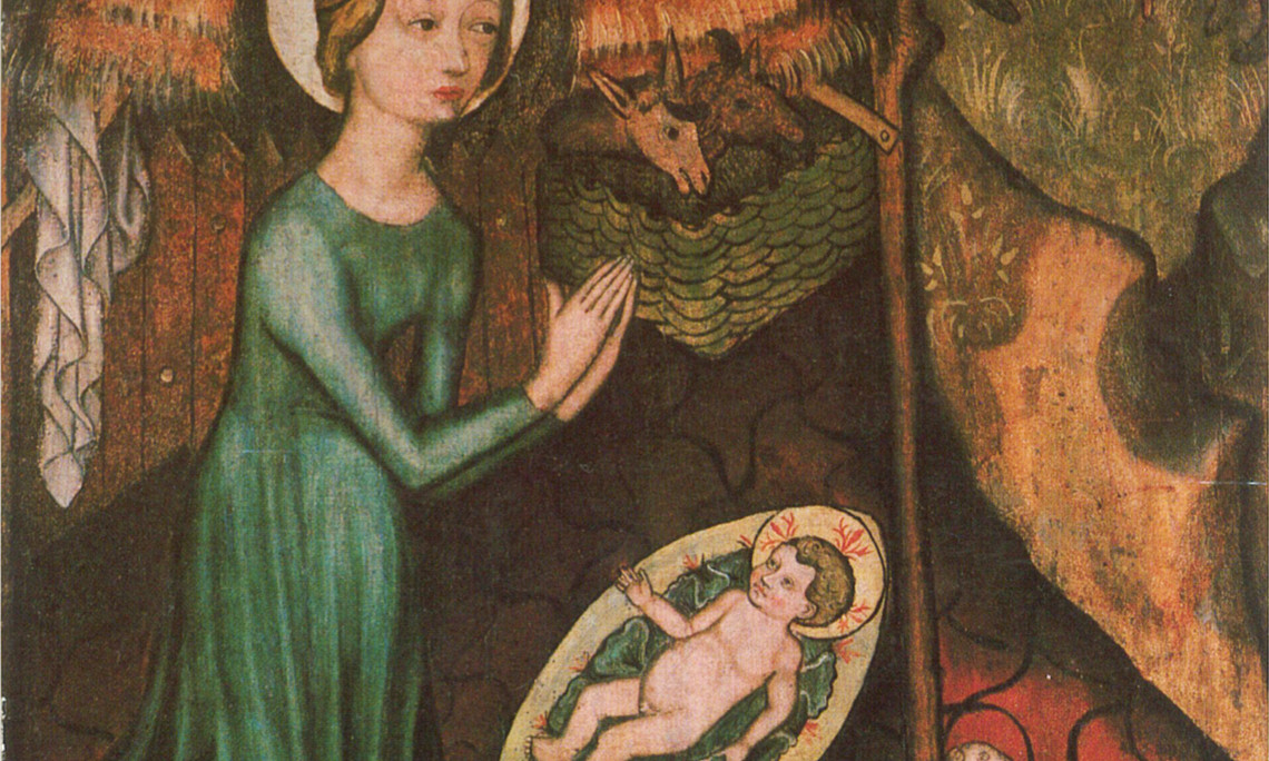 Gemälde, das die Heilige Maria und das Kind in der Krippe zeigt