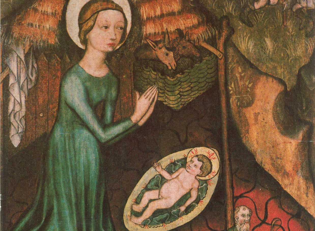 Gemälde, das die Heilige Maria und das Kind in der Krippe zeigt ©Tschechischer Meister, Anbetung des Kindes, um 1440