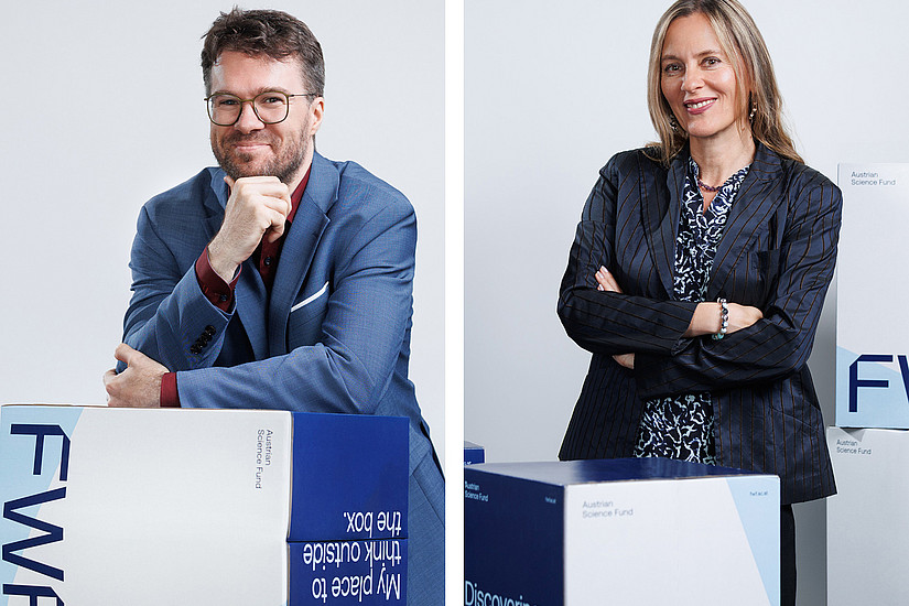 Philipp Berghofer and Bojana Radovanović in front of the FWF backdrop