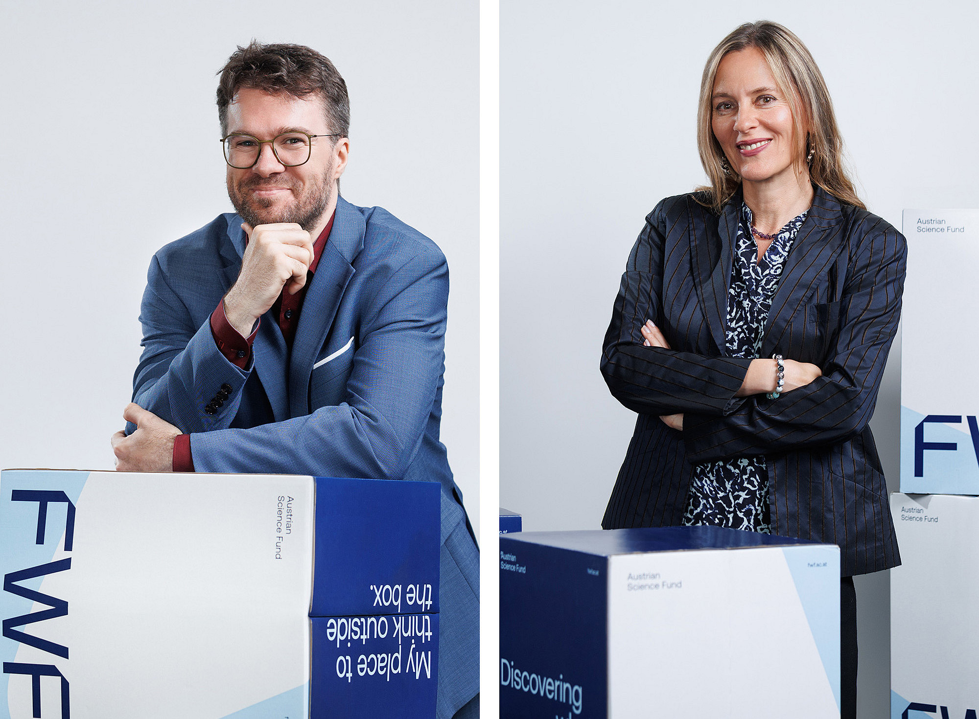 Philipp Berghofer und Bojana Radovanović vor FWF-Kulisse ©FWF / Der Knopfdrücker