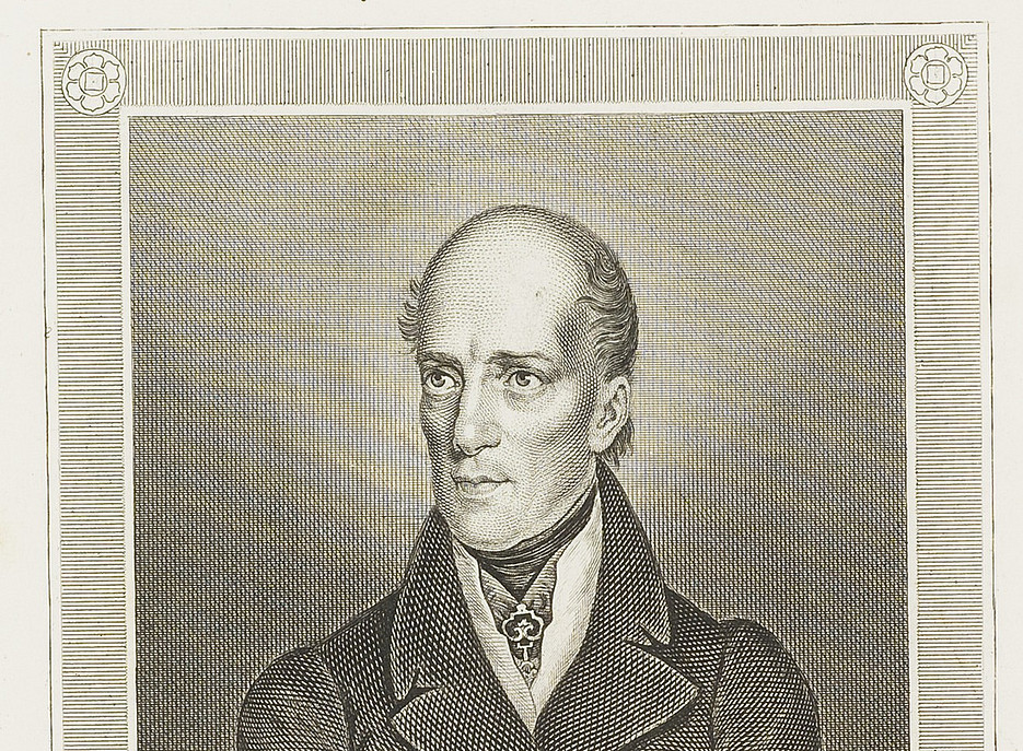 Historische Illustration eines Mannes in einem eleganten, doppelreihigen Mantel mit gekreuzten Armen. Er trägt ein Halstuch mit einer dekorativen Brosche. Unterhalb der Abbildung steht der Schriftzug ‚Erzherzog Johann 