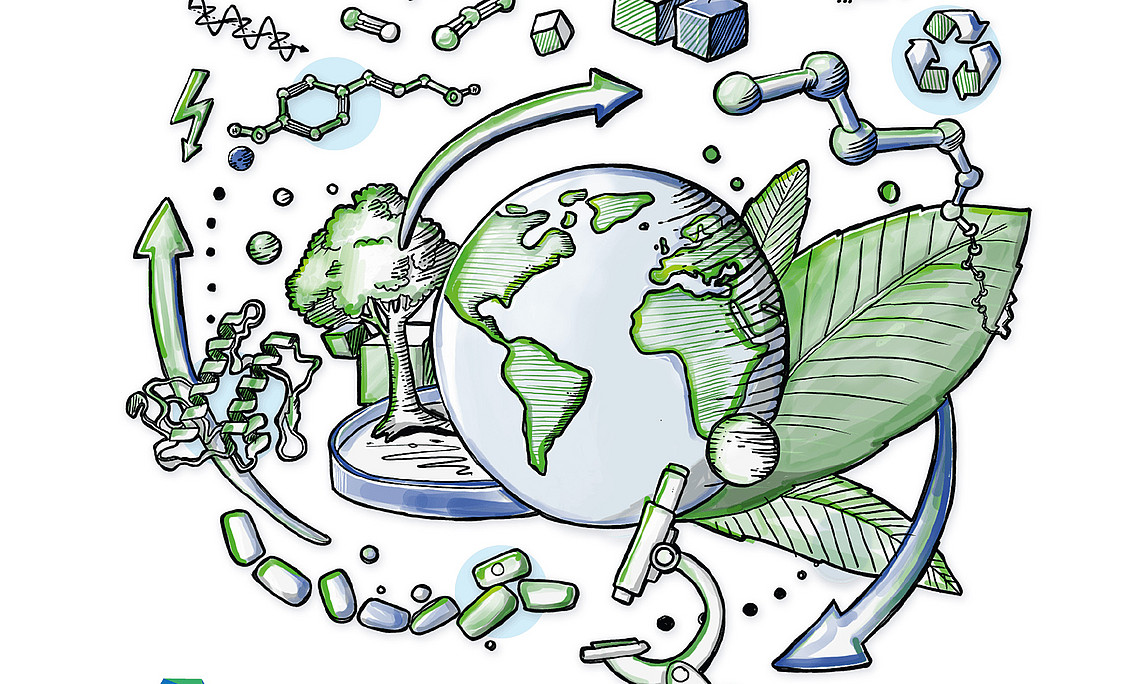 The drawn graphic shows a globe with a tree, plant, microscope, molecules and building blocks around it; arrows indicate a cycle.