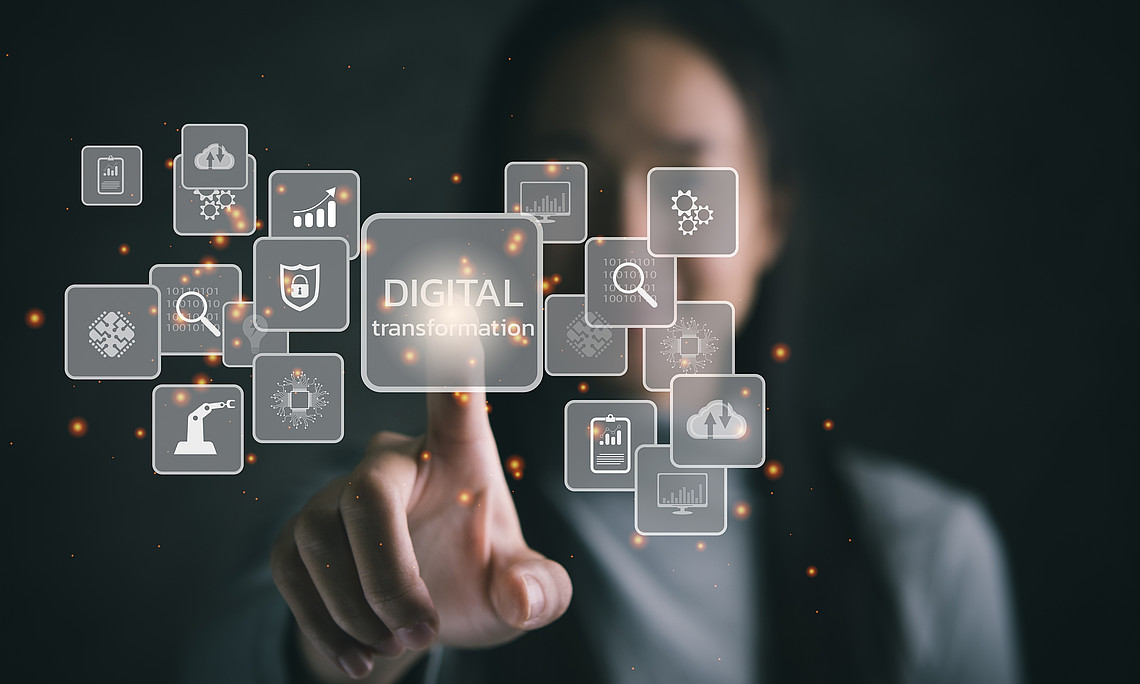 Digital transformation technology strategy, digitization and digitalization of business processes and data, optimize and automate operations, customer service management, internet and cloud computing