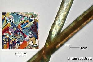Reproduktion eines Gemäldes von Kandinsky auf Mikrometerskala durch optische Resonanzen von Löchern in Silizium, abgebildet neben einem menschlichen Haar (Bild: M. Hentschel)