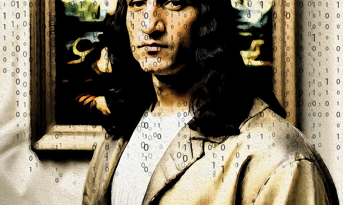 KI-generierte männliche Version der Mona Lisa mit Binärcode