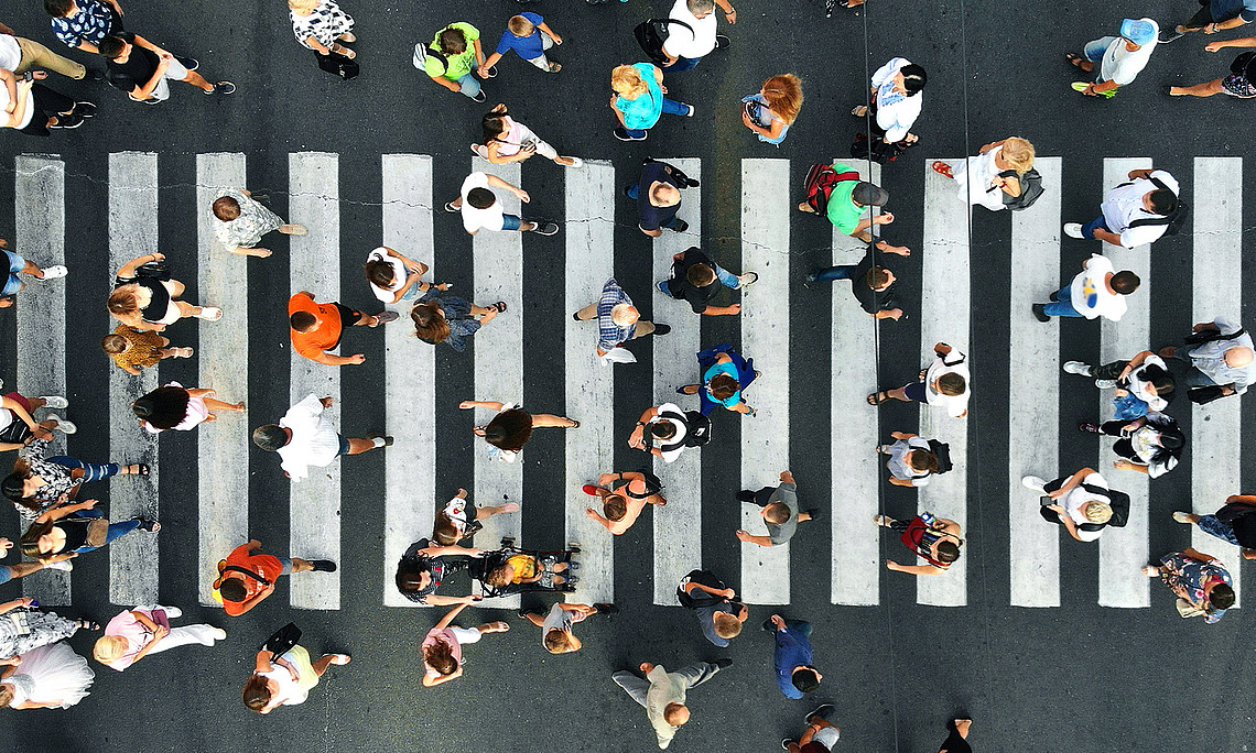 Pedestrians on pedestrian crosswalk. Top view. 