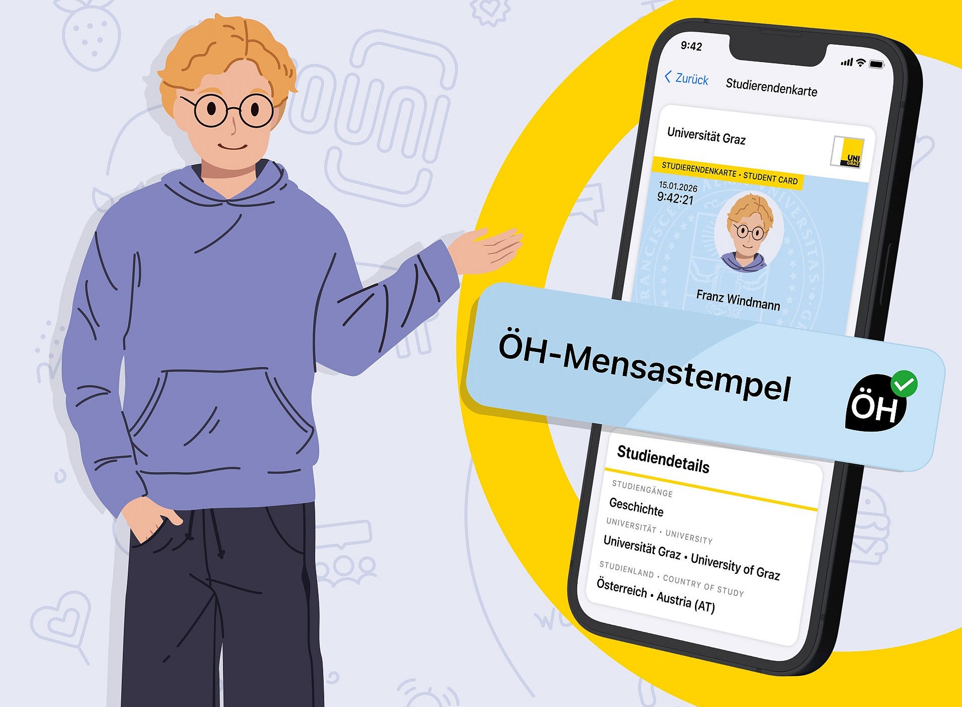 Illustration Mensastempel youni ©Uni Graz/Yudin