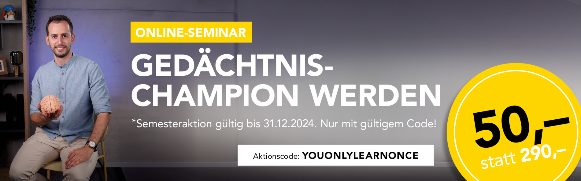 Aktions-Banner Online-Seminar Gedächtnis-Champion werden von UNI for LIFE 