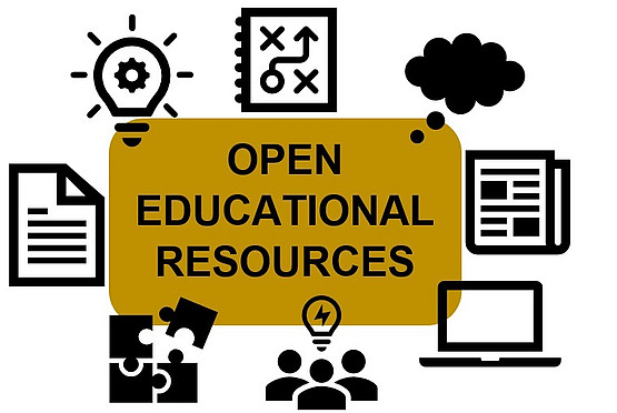 Die Worte Open Educational Resources, rundherum die Symbole Laptop, Glühbirne, Denkblase, Zeitung, A4-Seite, Puzzle, Personen mit Glühbirne