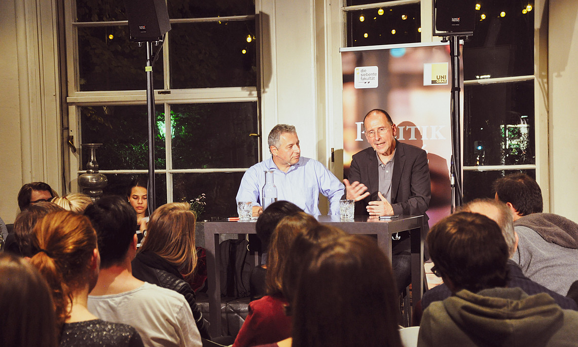 Peter Filzmaier und Markus Steppan im Café Promenade im Gespräch zur Nationalratswahl 2019. Foto: Uni Graz/Koppelhuber