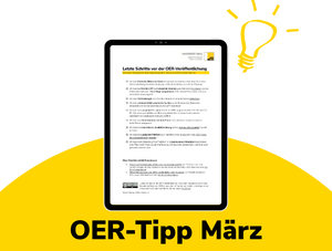 PDF-Version der Checkliste vor der OER-Veröffentlichung in einem Tablet mit einer Glühbirne 