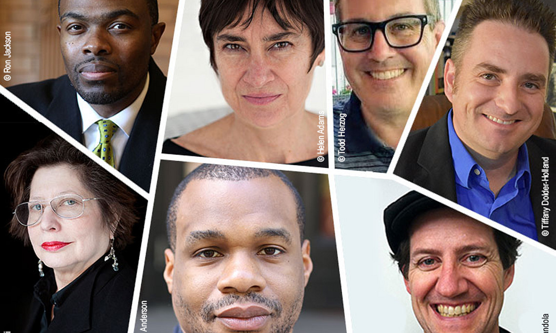 Amerikanische ForscherInnen lehren an der Universität Graz. Im Uhrzeigersinn von links oben: Ronald L. Jackson II, Kate Bonansinga, Todd Herzog, Kristopher J. Holland, Joe Girandola, Noel W. Anderson und Suzanne Anker. Grafik: Theresa Stingeder. 