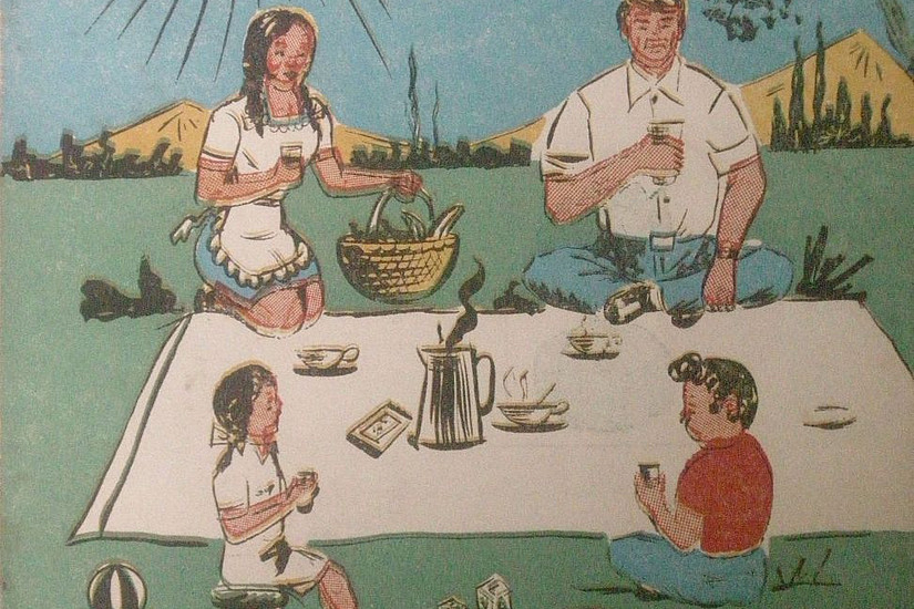 Werbe-Illustration des Ersatz-Produktes "Incaparina". Eine Frau, ein Mann und zwei Kinder trinken Incaparina bei einem Picknick auf einer Wiese. Am unteren Rande des Bildes stehen die Worte "Recetario de Incaparina"