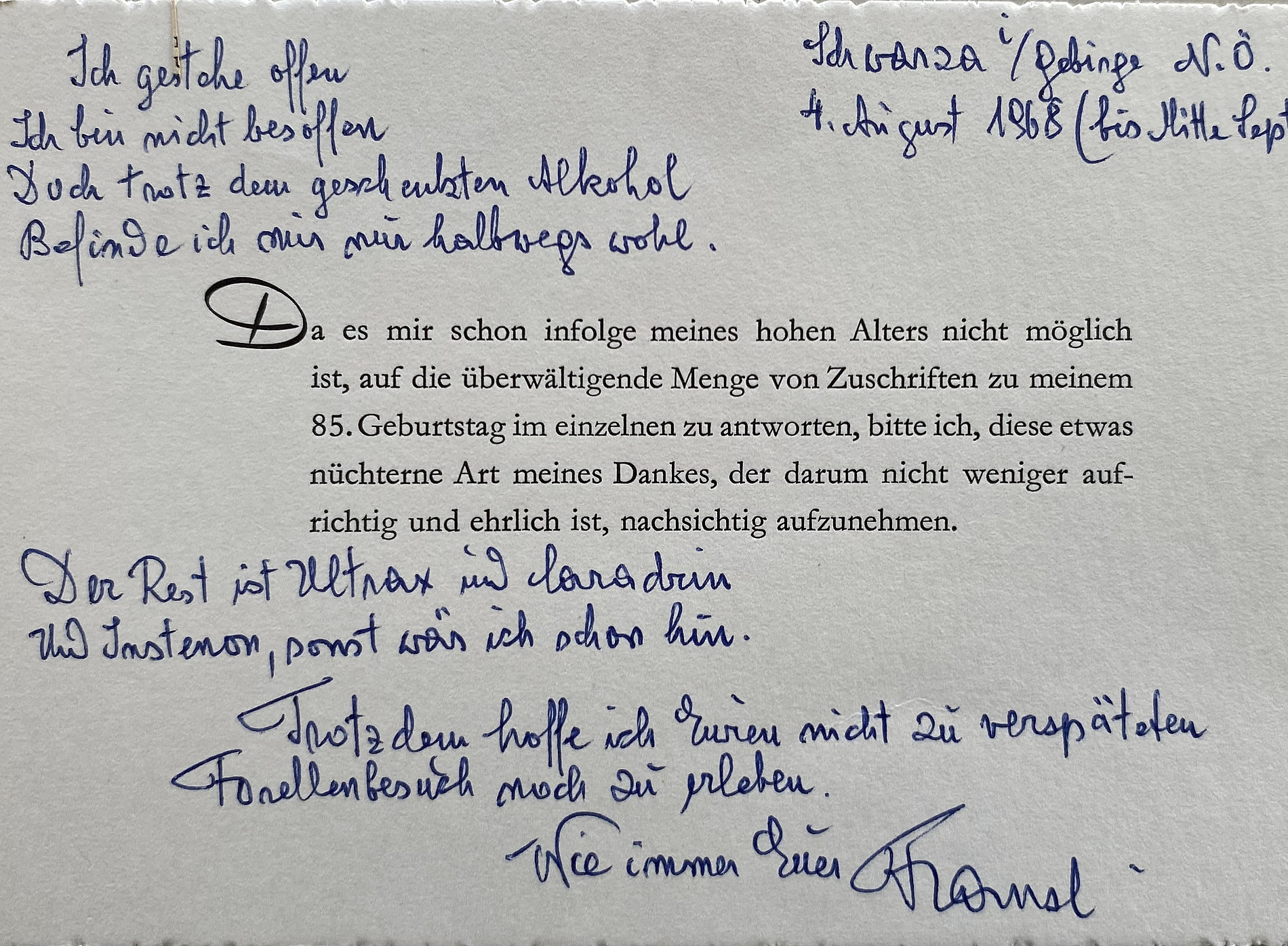 Franz Nabl Dankeskarte 