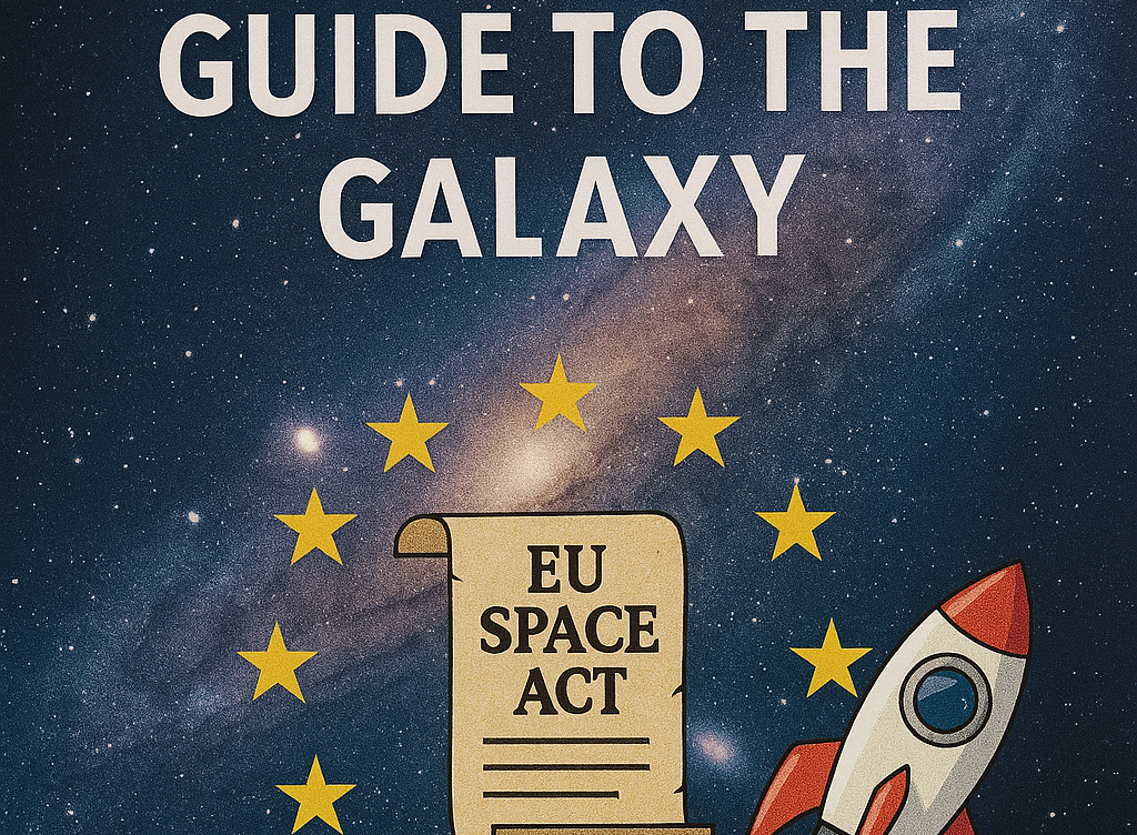Plakat mit Erde aus dem All und Rakete betitelt "The EU's regulatory Guide to the Galaxy" 