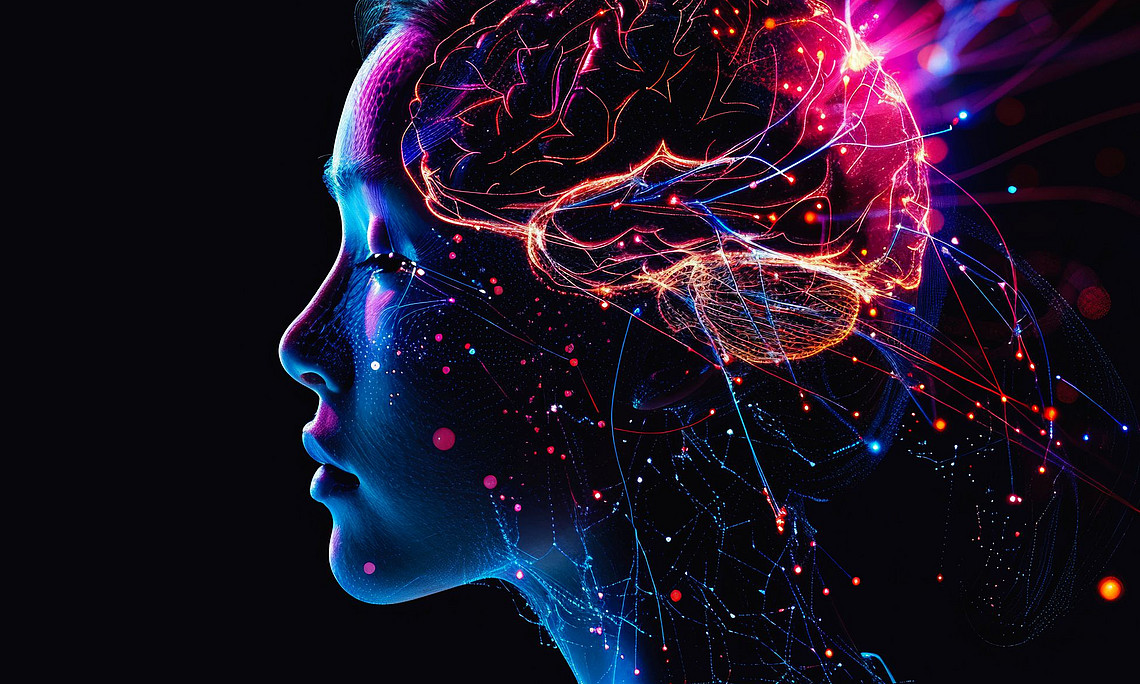 Kopf einer Person mit futuristischem Scan-Headset, Gehirnwellen-Scan, Mindset- und Bewusstseinskonzept