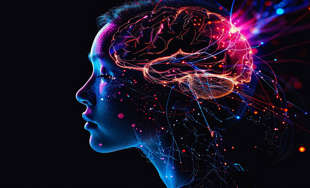 Kopf einer Person mit futuristischem Scan-Headset, Gehirnwellen-Scan, Mindset- und Bewusstseinskonzept