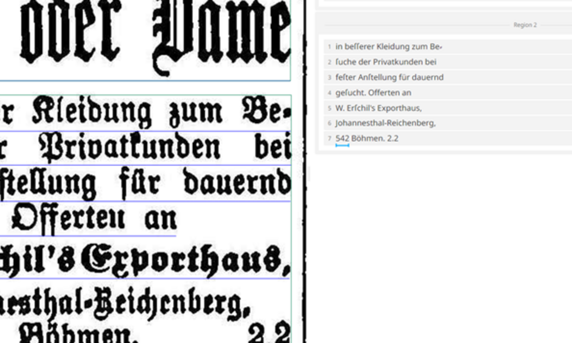 Screenshot des Programms Transkribus, links ein handgeschriebener Text, rechts die maschinenlesbare Transkription des Textes