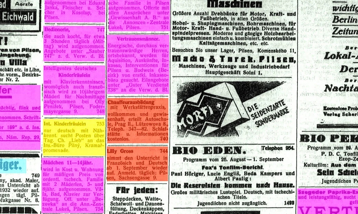 Historische Zeitungsinserate bunt eingefärbt