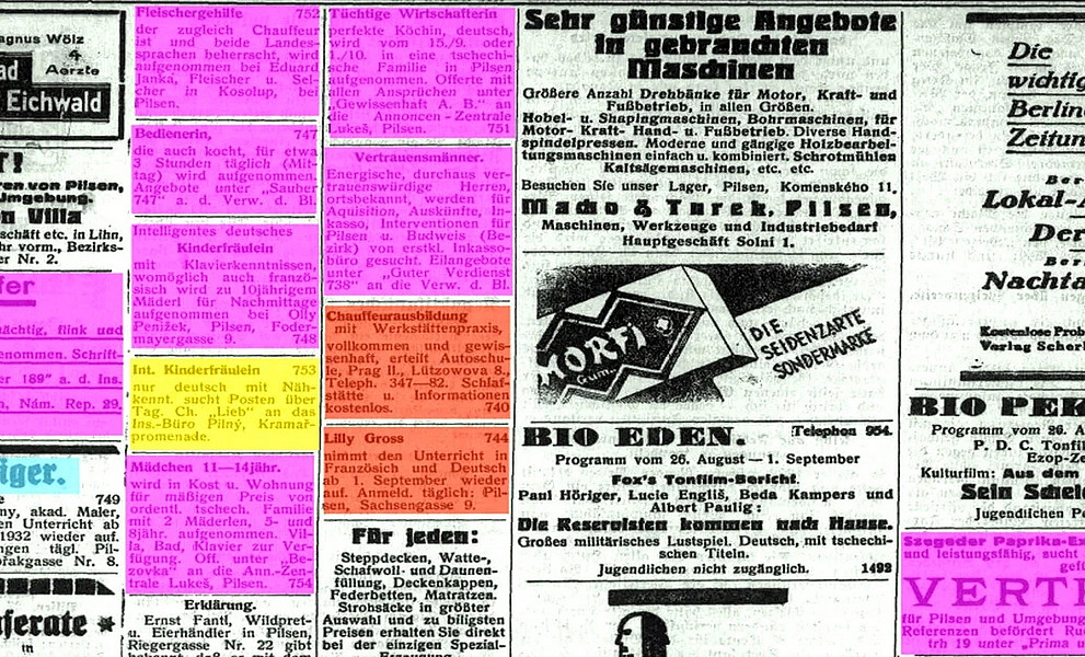 Historische Zeitungsinserate bunt eingefärbt