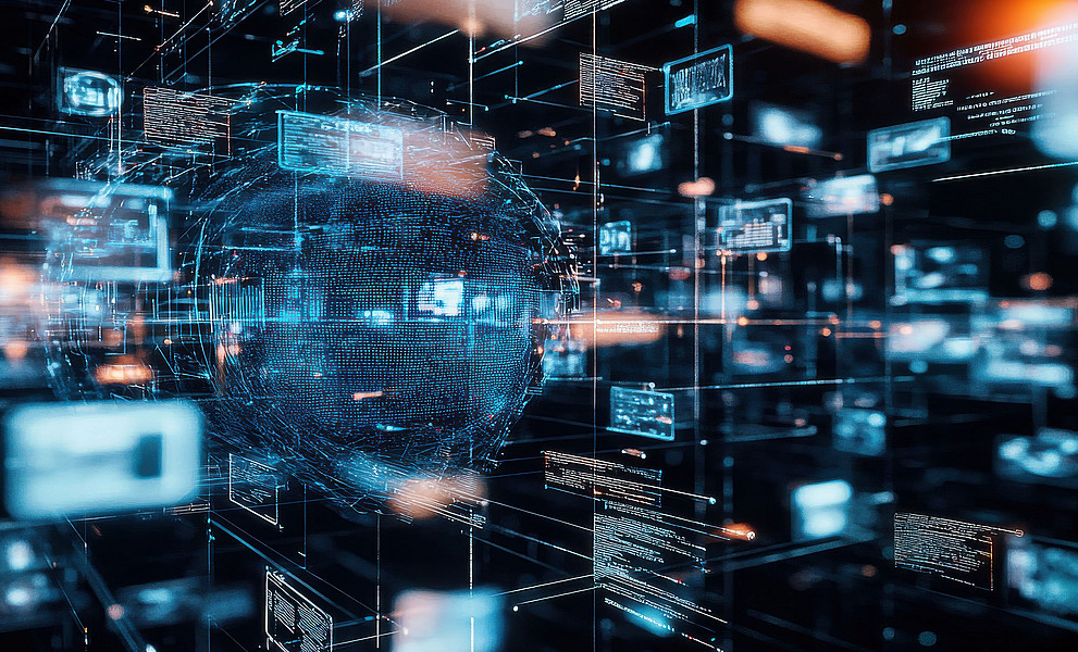 Abstrakte digitale Darstellung einer vernetzten Datenkugel mit schwebenden Code- und Informationsfenstern im Raum
