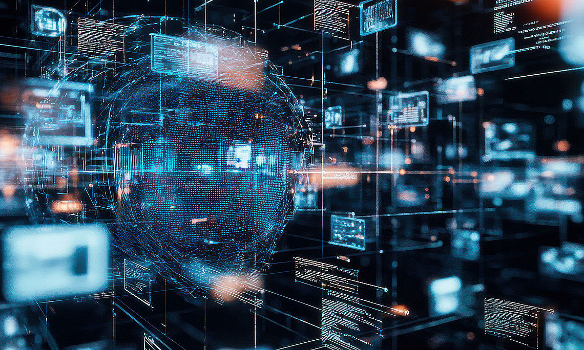 An abstract digital representation of an interconnected data sphere with code and information windows floating in space