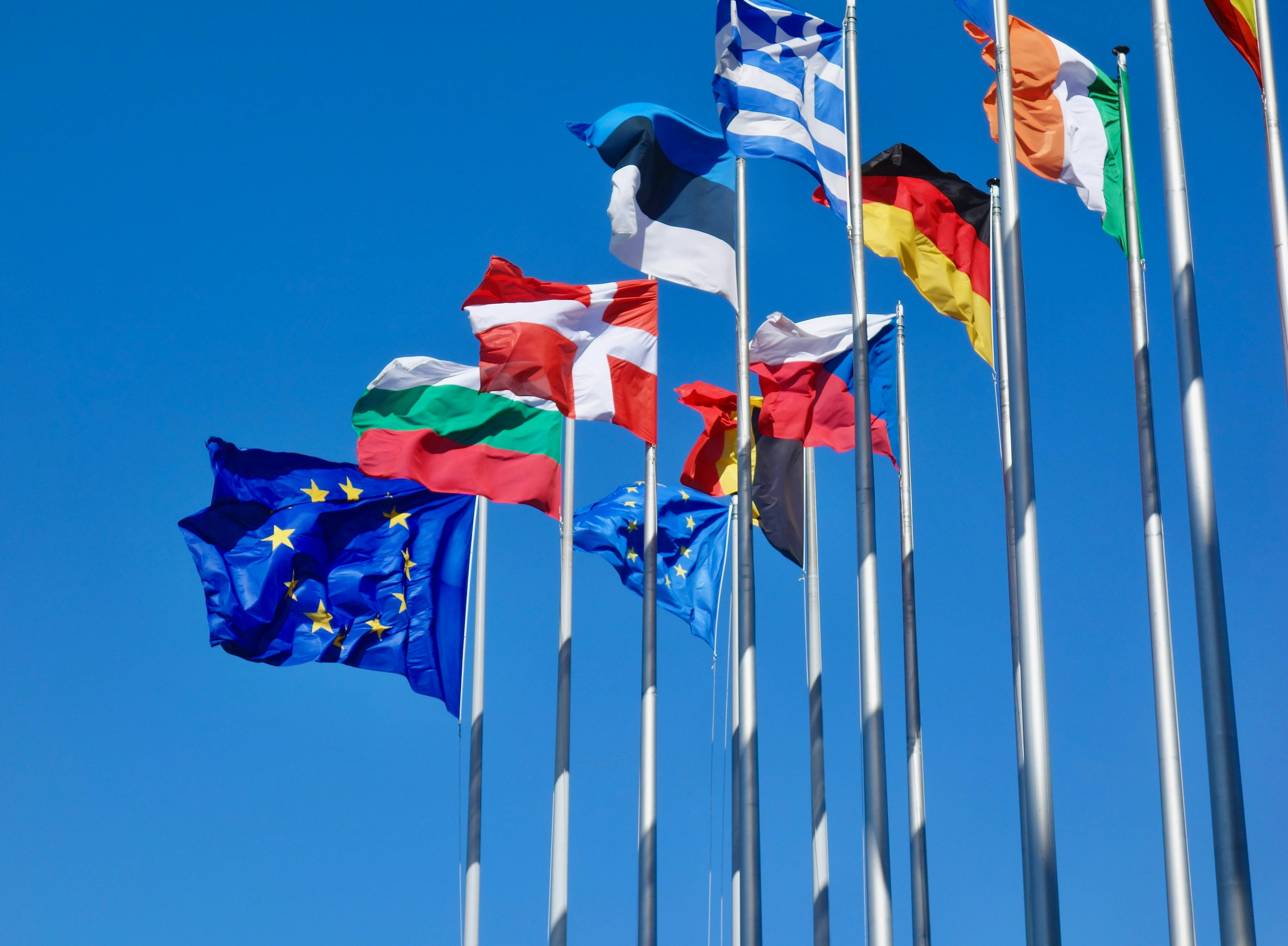 EU Fahnen vor blauem Himmel ©Antoine Schibler - unsplash.com