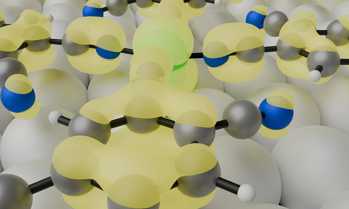 yellow, white, gray and blue spheres that are connected to each other