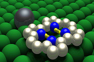 Teilchen-Steuerung auf einer Kupferoberfläche: Physiker zeigten erstmals, wie ein einzelnes Atom die benachbarten Moleküle beeinflussen kann.