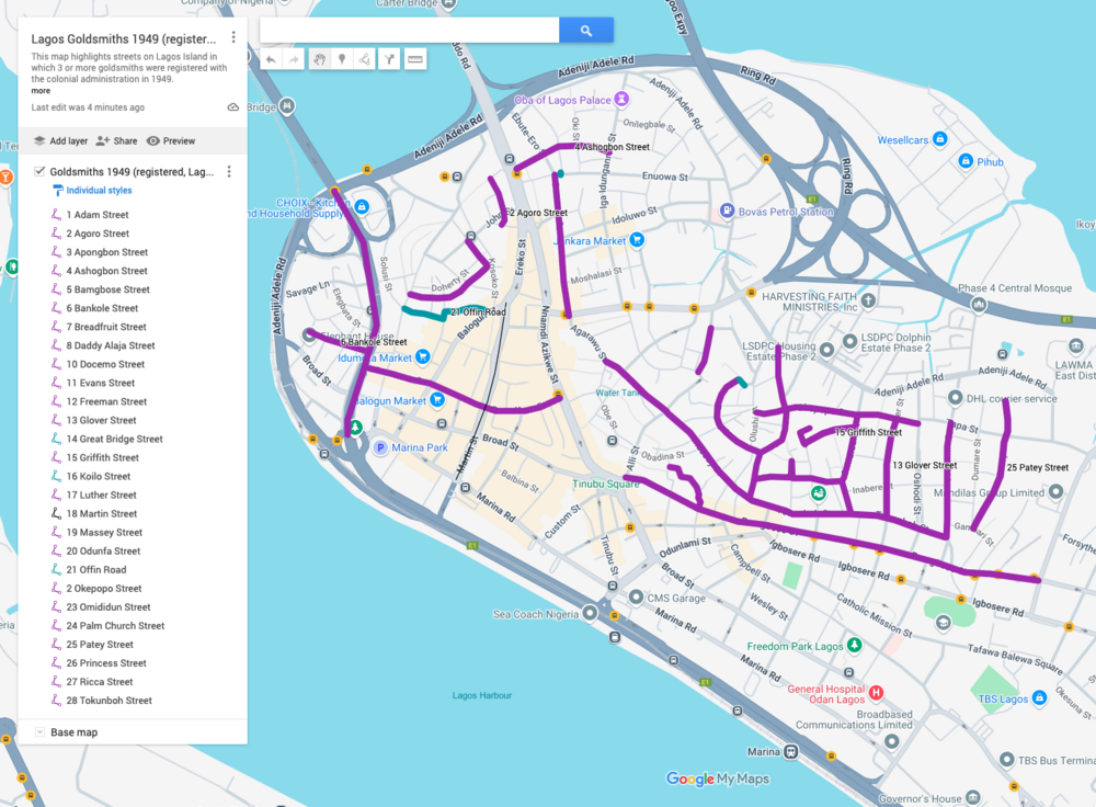 Map of registered goldsmiths, 1949 ©erstellt von K. Oke mit Google Maps Image of a map of Lagos Island. On the left of the image, a table features a list of streets. On the map, selected streets are highlighted in purple. {f:if(condition: 'erstellt von K. Oke mit Google Maps', then: '©erstellt von K. Oke mit Google Maps')}