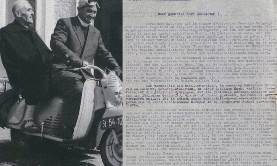 Johannes Ude auf dem Motorroller mit Pfarrer Feiner und ein Auszug aus seinem Protestbrief