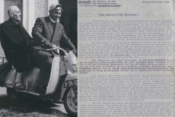 Johannes Ude auf dem Motorroller mit Pfarrer Feiner und ein Auszug aus seinem Protestbrief