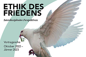 Symbolbild zur Reihe "Ethik des Friedens", eine fliegende weiße Taube for einem wassergrünen Kreissegment